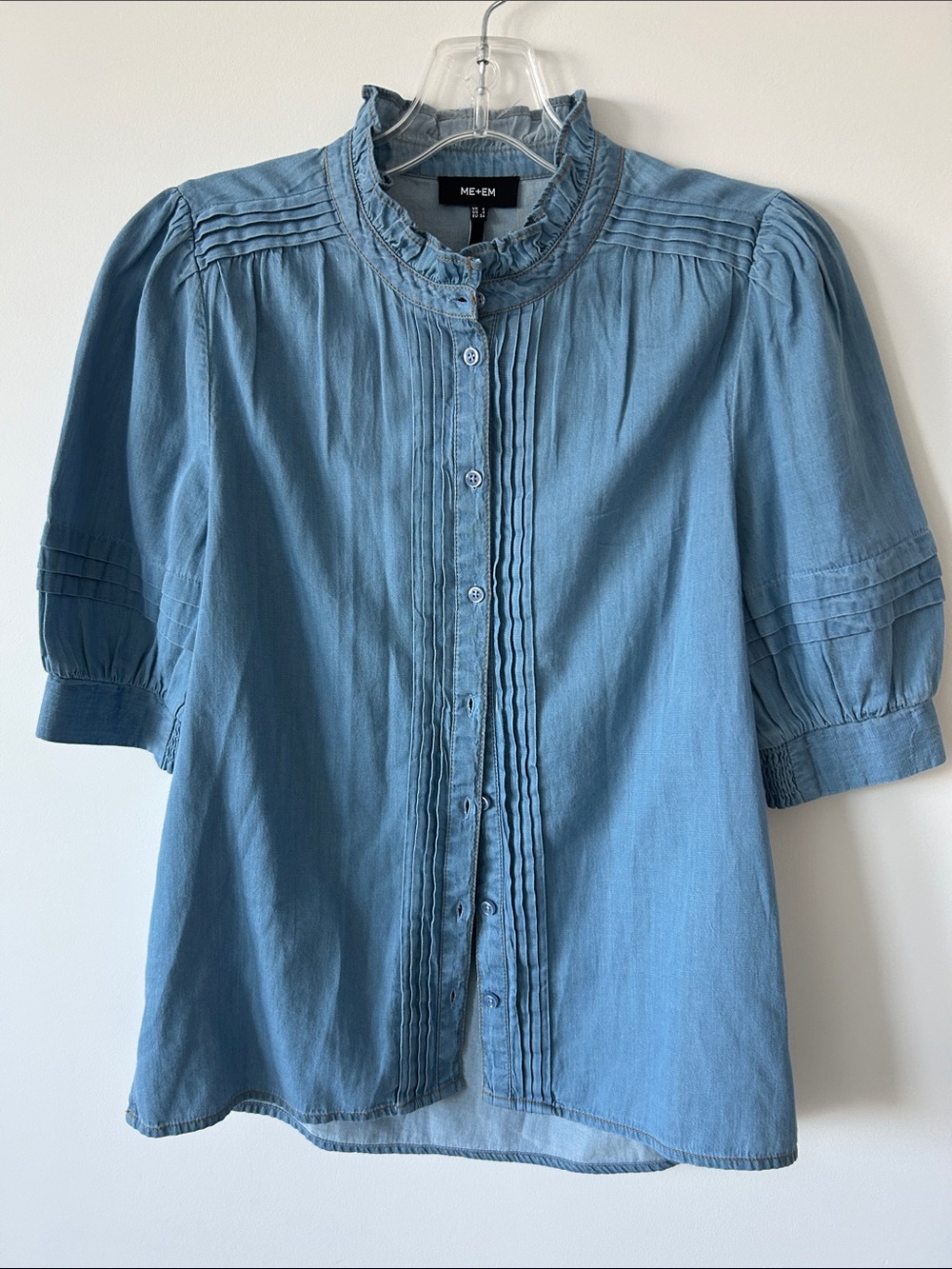 ME+EM Blue Cotton Chambray Pintuck Ruffle Neck Blouse Shirt